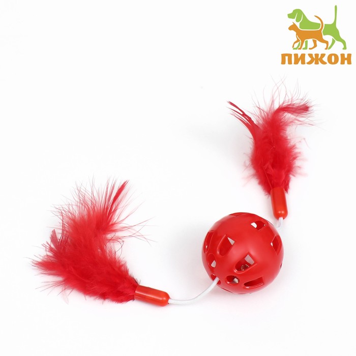 Игрушка для кошек с бубенчиком и перьями "Вертолёт", шарик 3,8 см, красная - Фото 1