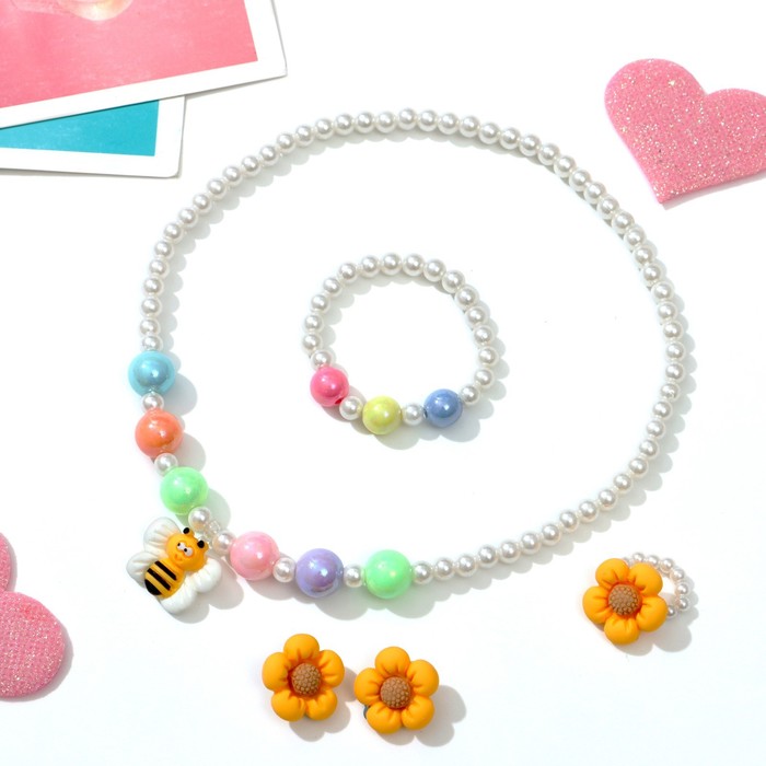 Набор детский "Выбражулька" 4 предмета: клипсы, бусы, браслет, кольцо, пчёлка, цветной