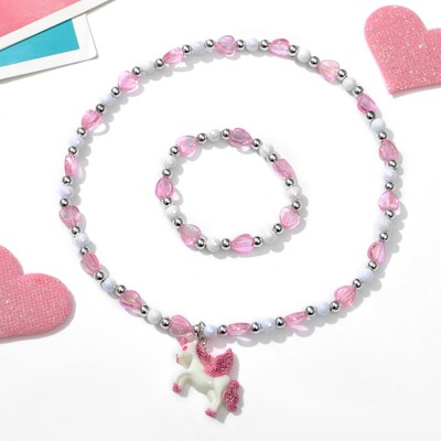 Набор детский «Выбражулька» 2 предмета: кулон, браслет, единорог с сердцами, цвет бело-розовый