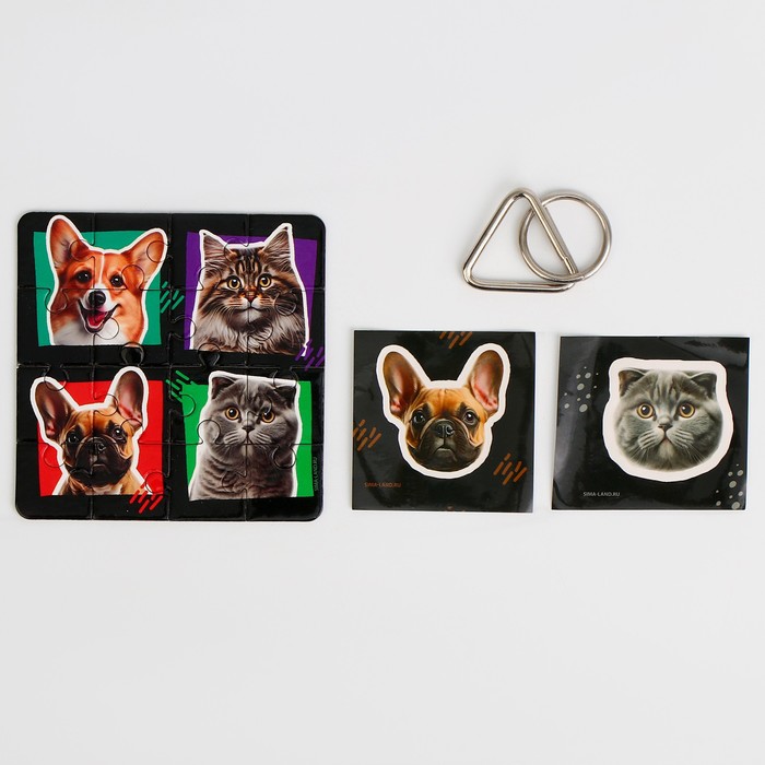 Металлическая головоломка с пазлами и наклейками "Котики, собачки"