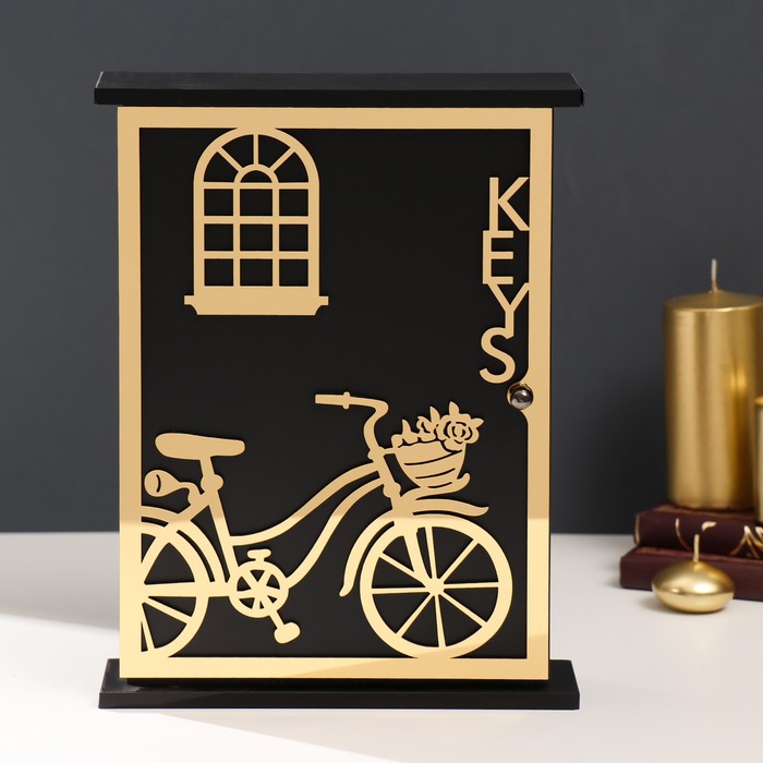 Ключница настенная «Велосипед с корзинкой с цветами», дерево, чёрная, зеркальная, 6×22.3×29.5 см - Фото 1