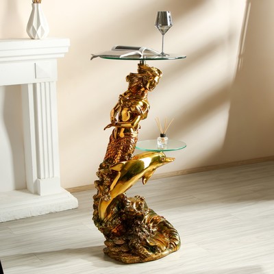 Столик журнальный декоративный «Дельфин и русалка», под золото, 48×48×104 см