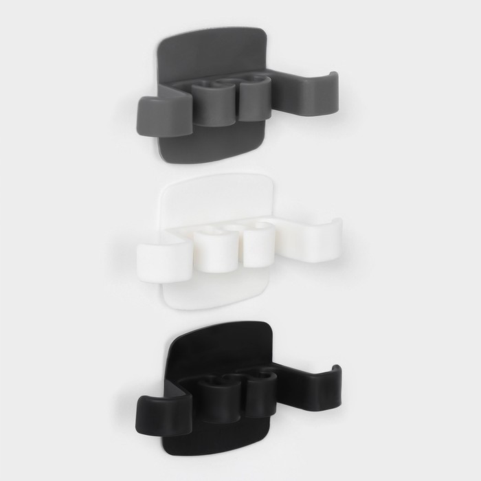 Держатели для проводов, самоклеящиеся, набор 3 шт., 9.5×5.3×2.5 см, пластик, белый/чёрный/серый - Фото 1