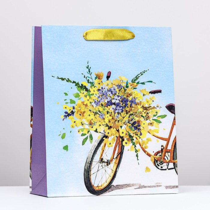 Пакет подарочный "Цветочный велосипед", 26 х 32 х 12 см - Фото 1