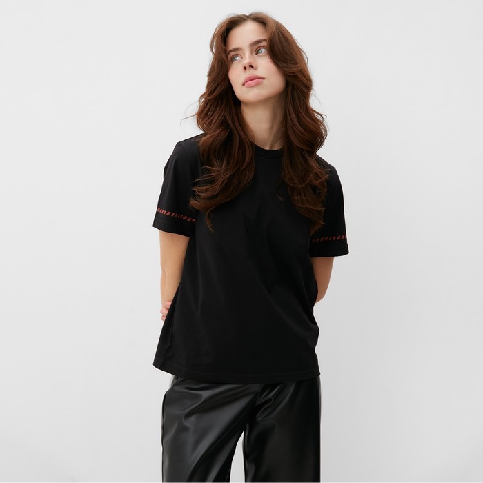 Футболка женская с красным кантом Basic line чёрная, р-р 46 - Фото 1