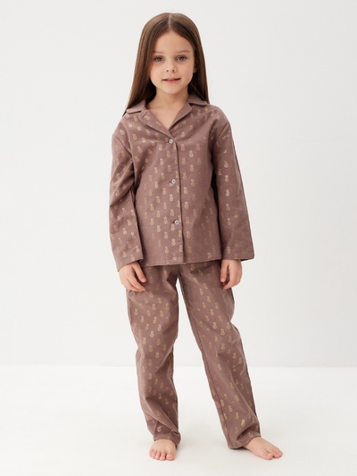 Пижама для девочки из фланели (рубашка, брюки) KAFTAN «Ананасы», кофейная, рост 134-140 см
