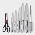 Набор ножей кухонных на подставке Доляна «Металлик», 7 предметов: 5 ножей, мусат и ножницы, цвет серебристый - Фото 12