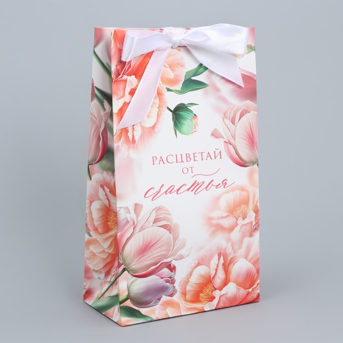 Пакет подарочный с лентой, упаковка, «Расцветай от счастья», 13 х 23 х 7 см - Фото 1