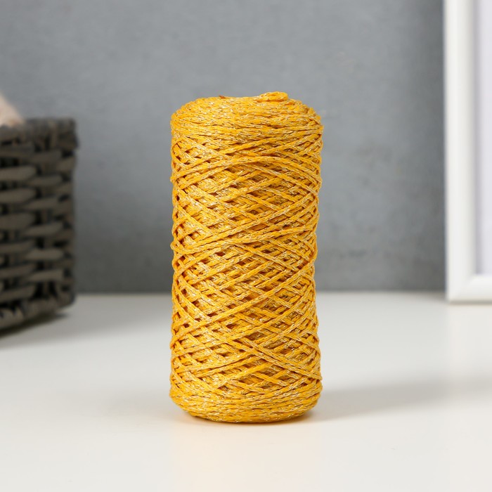 Шнур для вязания 100% полиэфир с люрексом 1 мм цилиндр,75±10гр, 200м, 08-желтый+золото - Фото 1