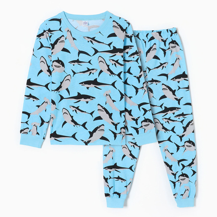 Пижама для мальчиков, цвет голубой/акулы, рост 128 см