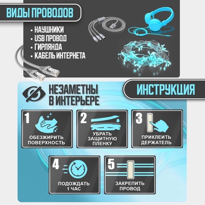 Держатель для проводов 75×30 мм, синий, 4 шт.