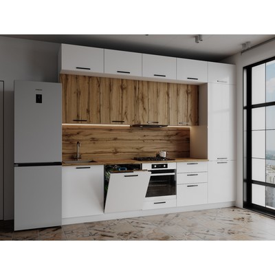 Кухонный гарнитур трёхуровневый в потолок «Паола», 3000 мм, фасады МДФ, цвет белый софт/дуб вотан