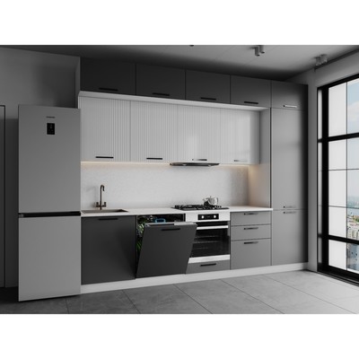 Кухонный гарнитур трехуровневый до потолка Кристен, фасады Белый софт/Графит софт