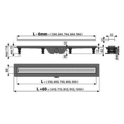 Трап Alcadrain EKO AG100201750, с порогами для перфорированной решетки, 750 мм