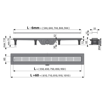 Трап Alcadrain EKO AG100401950, с порогами для перфорированной решетки, 950 мм