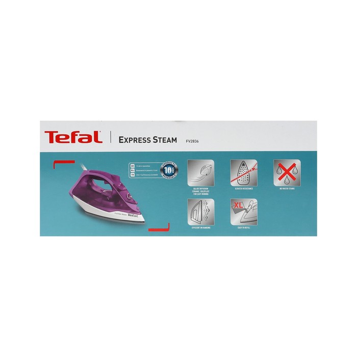 Утюг Tefal FV2836E0, 2400 Вт, керамическая подошва, 35 г/мин, 270 мл, фиолетово-белый