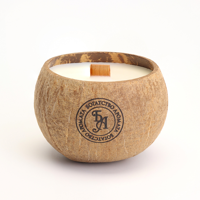 Свеча в кокосе ароматическая, эрл грей, соевый воск, 8х10 см, в коробке - фото 1887385381