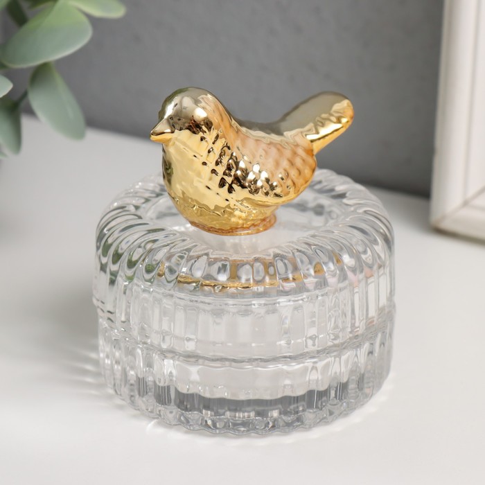 Шкатулка стекло, керамика "Золотая птичка" 6,5х6,5х7,2 см - Фото 1