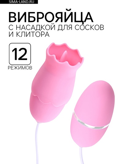 Виброяйца с насадкой для сосков и клитора, 12 режимов, USB, силикон, розовый