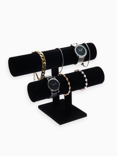 Подставка для часов, браслетов QF, двухуровневая, флок, 25.5×13×19 см, d=5 см, чёрная