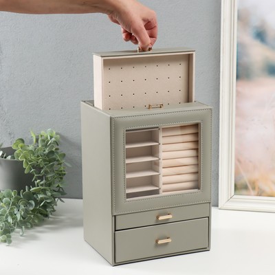 Шкатулка для украшений «Архивариус с двумя ящичками», искусственная кожа, серая, 20×15.5×28 см