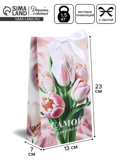 Пакет подарочный с лентой, упаковка, «Самой прекрасной», 13×23×7 см