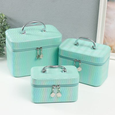 Набор шкатулок для украшений с зеркалом «Волны. Мята», 3 шт., искусственная кожа
