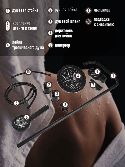 Душевая система ZEIN Z1014, тропическая и ручная лейка, 2 шланга, мыльница, черная