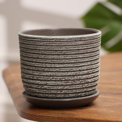 Горшок для цветов «Лоза», 800 мл, d=12 см, h=10 см, керамика, с поддоном, цвет зелёно-серый бук