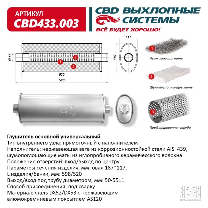 Глушитель основной, прямоточный CBD433.003, нерж. сталь, овал D187х117, L598/520 - Фото 1