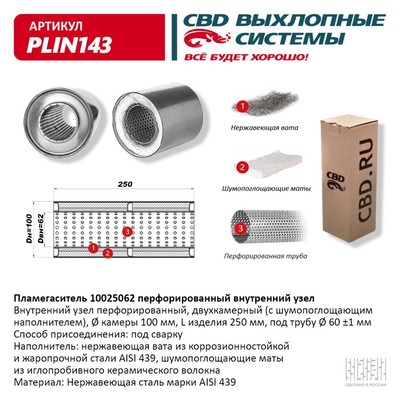 Пламегаситель 10025062, перфорированный внутр. узел, 100 х 250 х 62, нерж.сталь