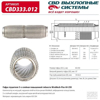 Гофра глушителя повышенной гибкости WireMesh-Flex 60-250