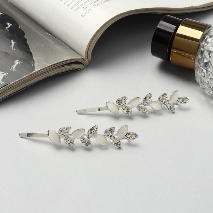 Невидимки для волос «Аннабелль», набор 2 шт., лепесток белый, 6.5 см, серебро - Фото 1