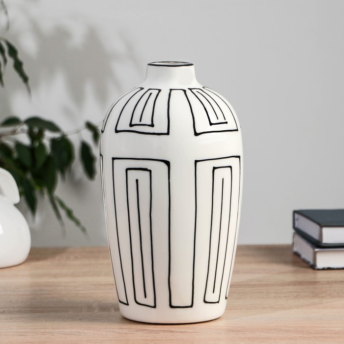 Ваза для цветов «Пикассо», лабиринт, h=24 см, ручная роспись, керамика, чёрно-белая