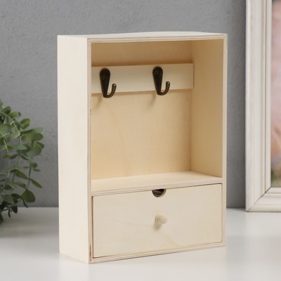 Ключница настенная с ящичком «Прямоугольная», дерево, 2 крючка, заготовка для творчества, 18.5×7×25 см
