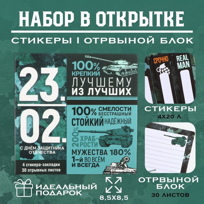 Набор в открытке «23.02», стикеры 4х20 л, отрывной блок 30 л