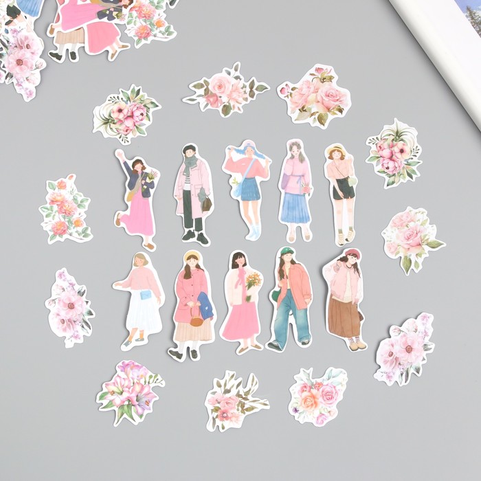 Наклейки для творчества "Девушки и цветы. Розовое настроение" 4х8 см н-р 40 шт 0,5х12х8 см - Фото 1