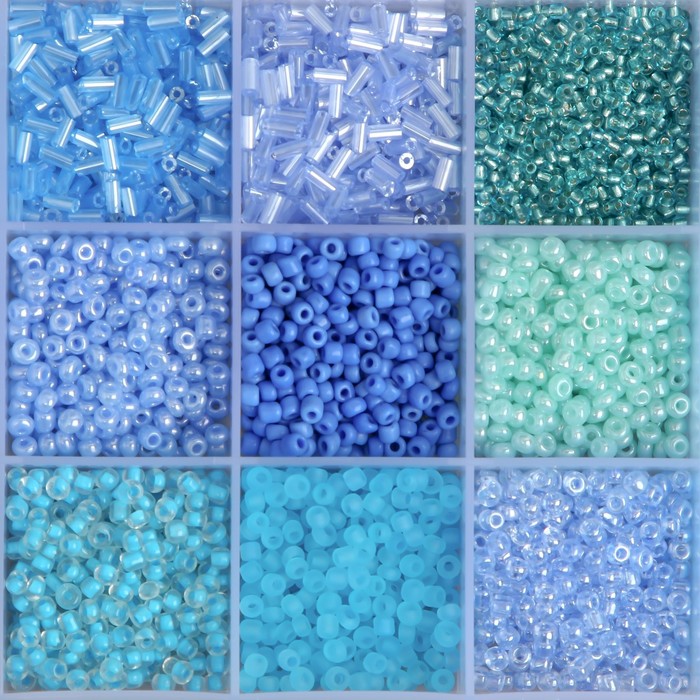 Бисер стекло 6/0, 8/0, 12/0 в шкатулке "Синий" стеклярус 15,5х9,5х1,6 см