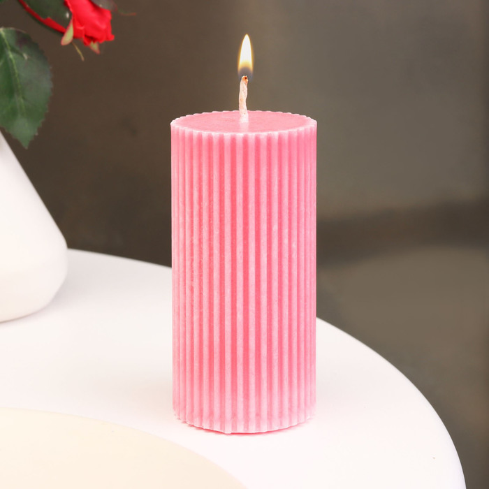Свеча-цилиндр с гранями, 5х10 см, розовая, 6 ч - Фото 1