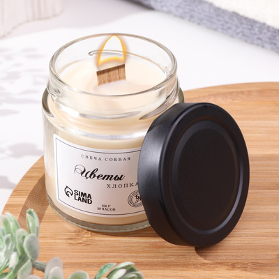 Ароматическая свеча в банке, 150 г, из соевого воска, деревянный фитиль, цветы хлопка