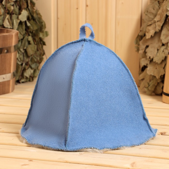 Шапка для бани и сауны, из овчины, голубая - Фото 1