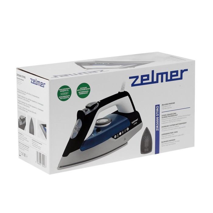 Утюг Zelmer ZIR3000 Stiro, 3000 Вт, керамическая подошва, 40 г/мин, 390 мл, чёрно-синий