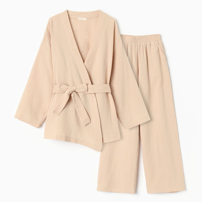 Комплект домашний женский (рубашка на запах, брюки) KAFTAN Basic, размер 52-54, бежевый