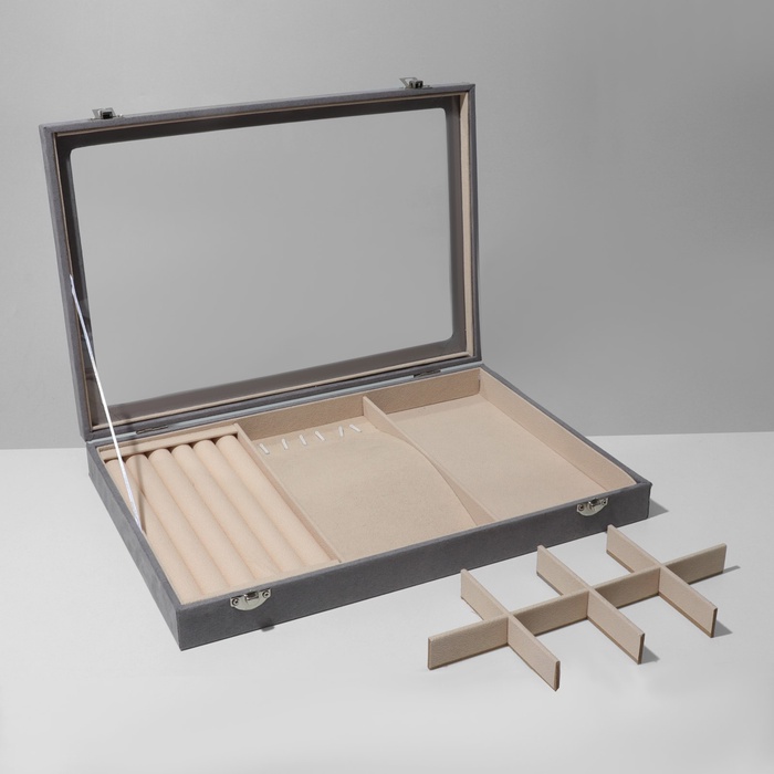 Шкатулка для украшений 5 рядов, 6 крючков, 8 ячеек, флок, 35×24.5×5, серо-беж - Фото 1