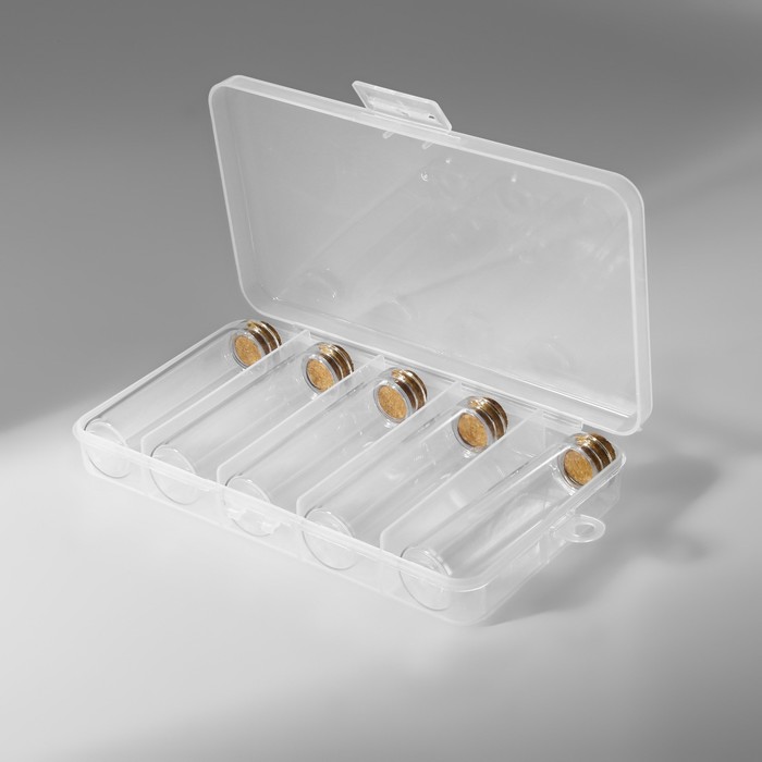 Набор баночек для хранения бисера, d = 2,2 × 8 см, 5 шт, в контейнере, 16,3 × 9 × 2,4 см