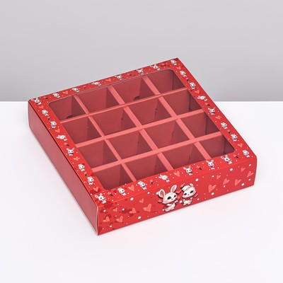 Коробка под 16 конфет, красная «Зайки» 17.7×17.7×3.8 см