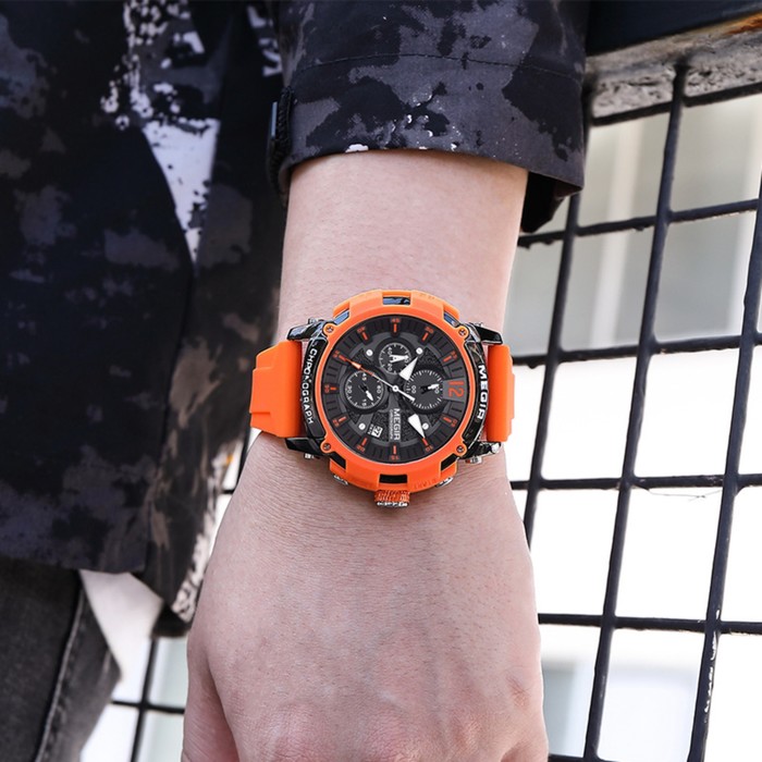 Часы наручные мужские, d-5.1 см, с хронографом, 3 АТМ, светящиеся, оранжевые