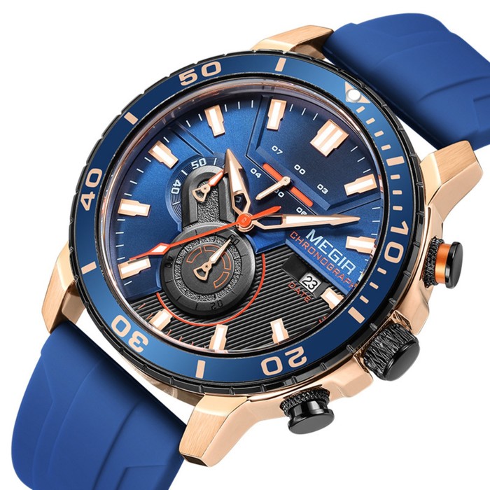 Часы наручные мужские, d-4.6 см, с хронографом, 3 АТМ, светящиеся, синие