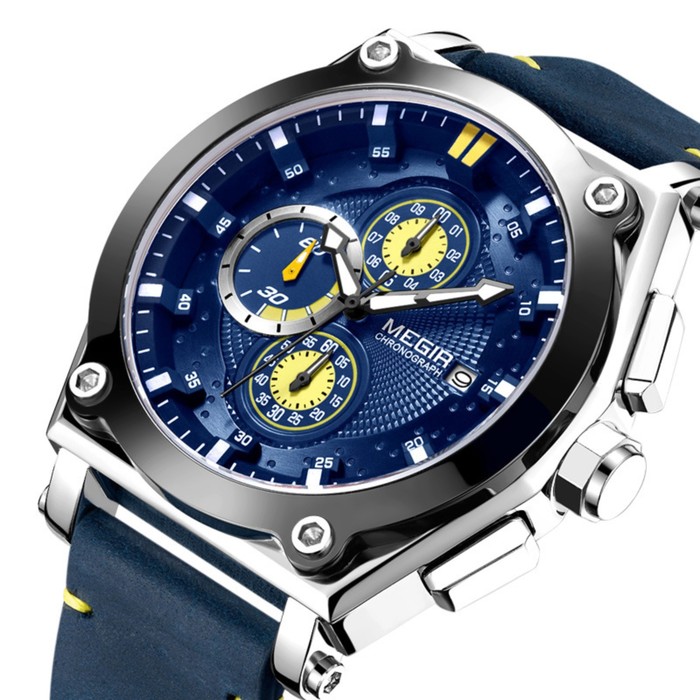 Часы наручные мужские, d-4.7 см, с хронографом, 3 АТМ, светящиеся, синие
