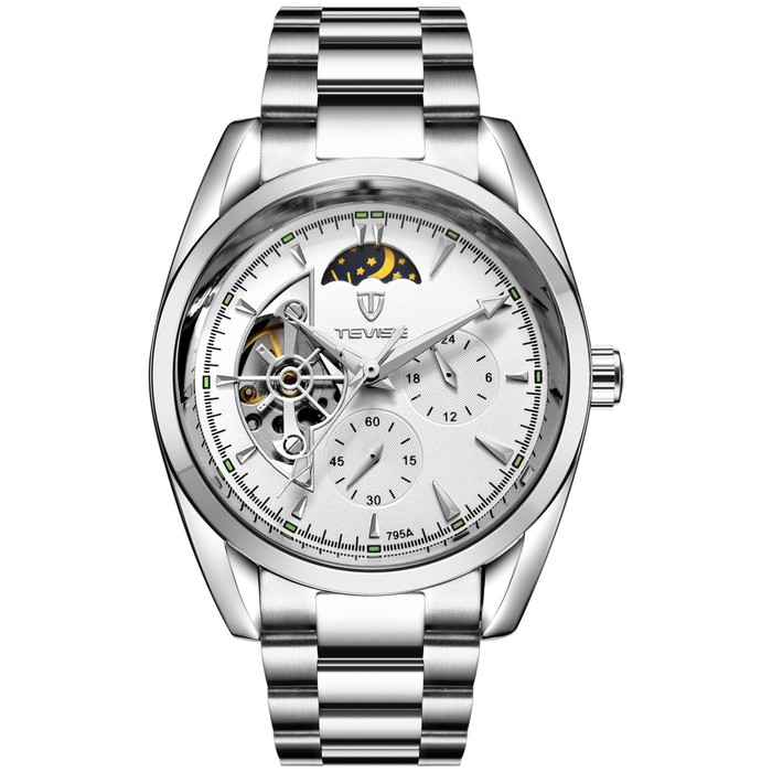 Часы наручные механические мужские, d-4.2 см, с хронографом, 3 АТМ, светящиеся, серебро - Фото 1